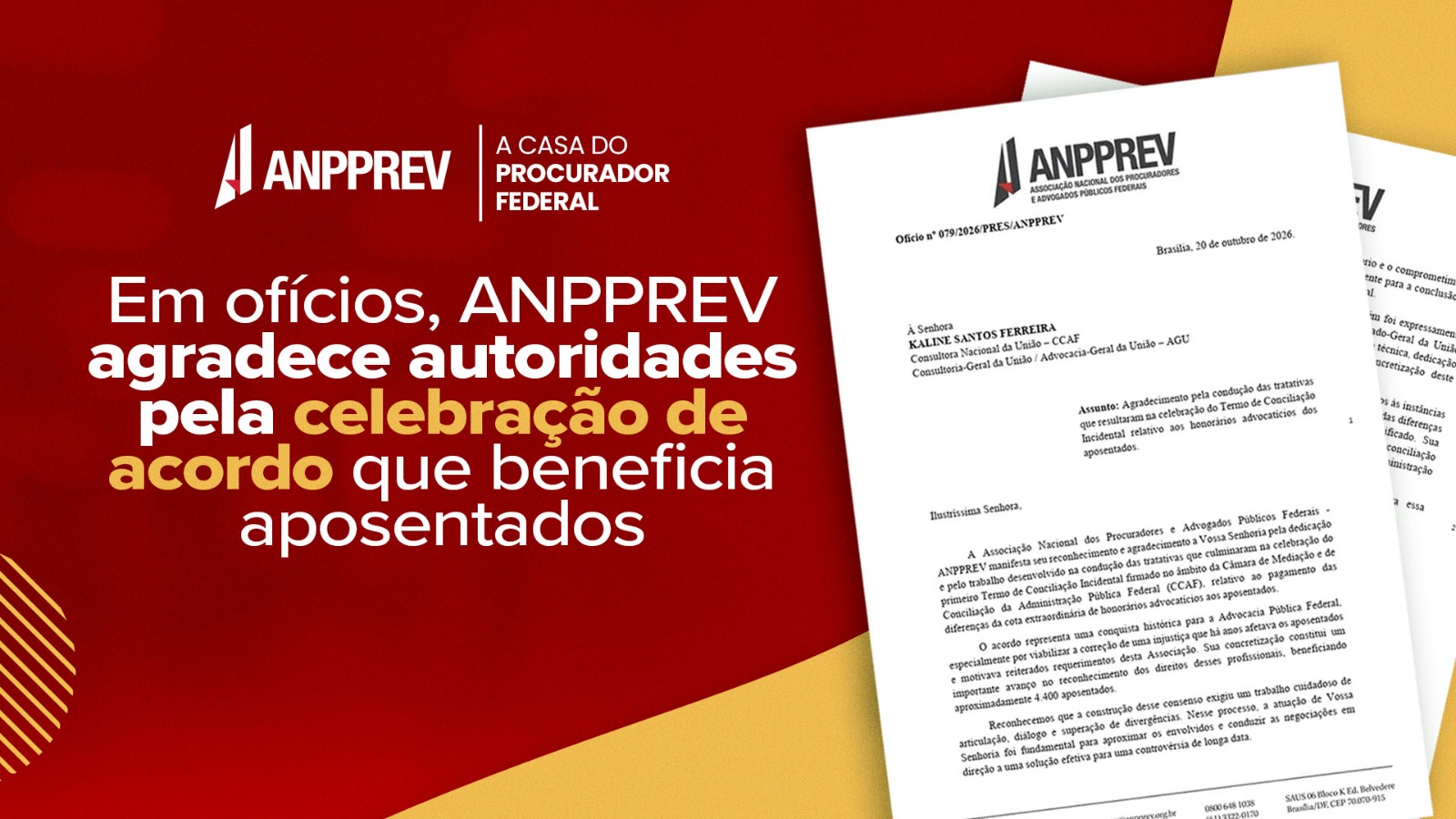 Em ofícios, ANPPREV agradece autoridades pela celebração de acordo que beneficia aposentados